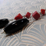 long black red earrings, long drop black earrings uk, long black handmade earrings