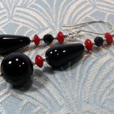 long black onyx earrings with red coral