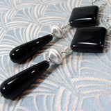 longer length black earrings uk, long drop black earrings,  black statement earrings long drop design