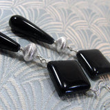 unique designed long semi-precious black stone earrings