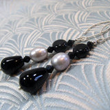 long black semi-precious bead earrings, long semi-precious stone earrings black onyx