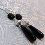 long black earrings, long drop earrings, long black semi-precious stone earrings