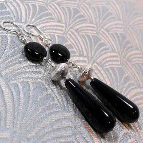 Long drop black earrings UK, long semi-precious stone earrings, long handmade earrings  (A141)