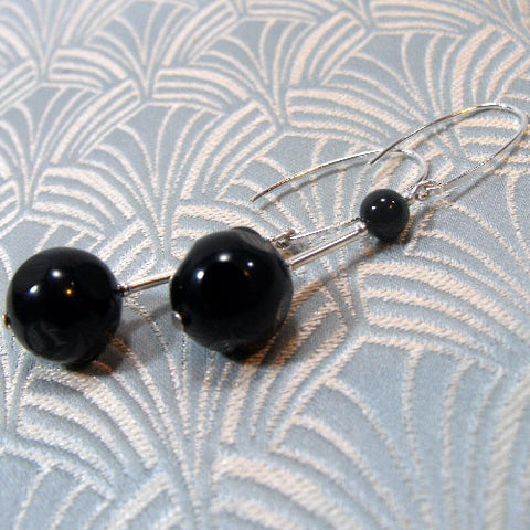 Black onyx long drop earrings, long semi-precious stone earrings handmade UK  (A194)